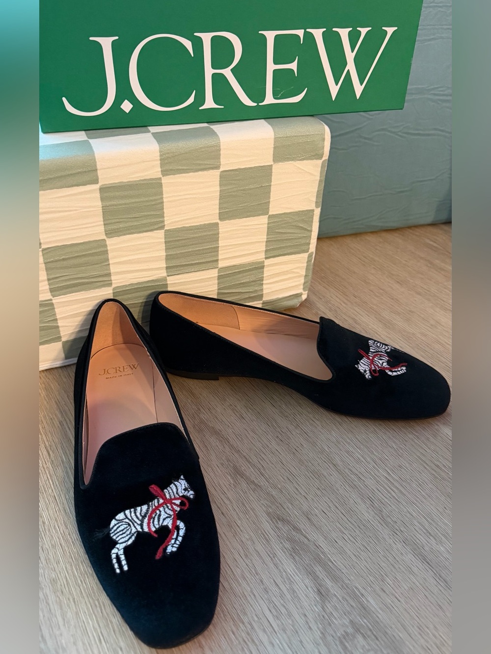 J. Crew Black Velvet Loafers with Embroidered Zebra Detail